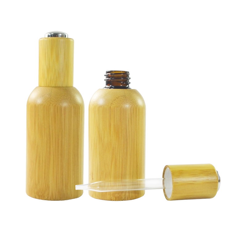 Luxury cosmetic packaging 30ml essential oil bamboo dropper bottle with bamboo lids