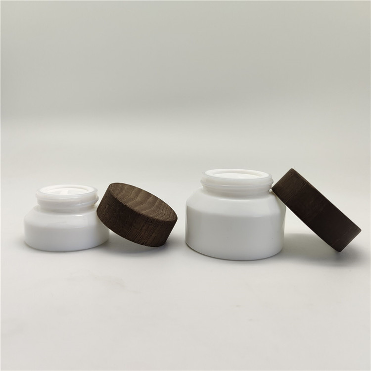 Luxury cosmetic packaging face cream glass jar bamboo wood lid 15g 50g matte white glass container