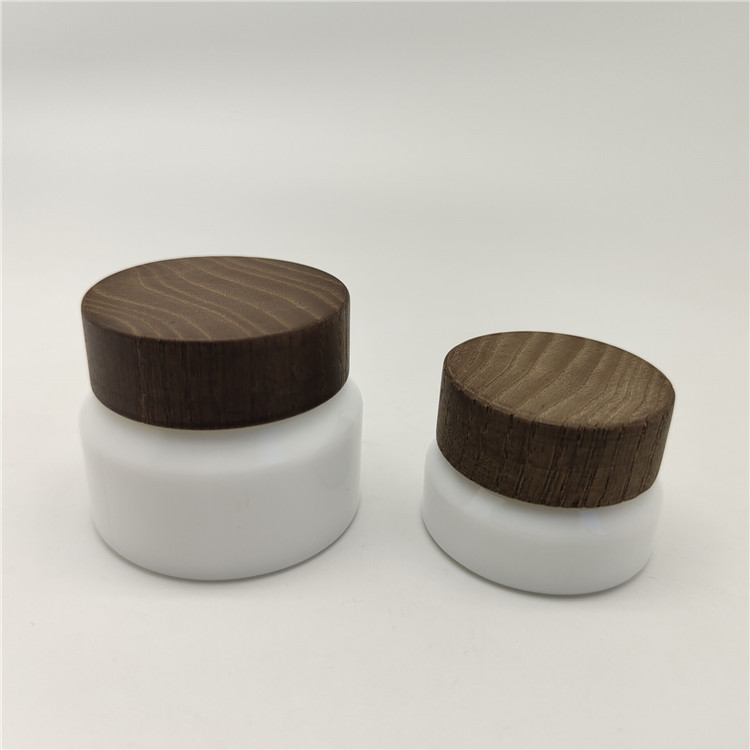 Luxury cosmetic packaging face cream glass jar bamboo wood lid 15g 50g matte white glass container