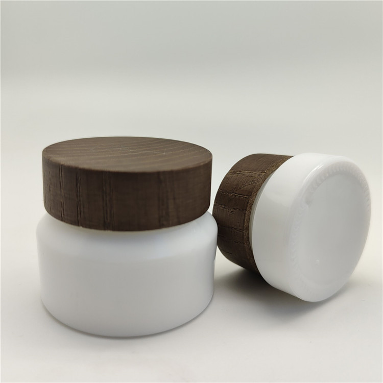 Luxury cosmetic packaging face cream glass jar bamboo wood lid 15g 50g matte white glass container