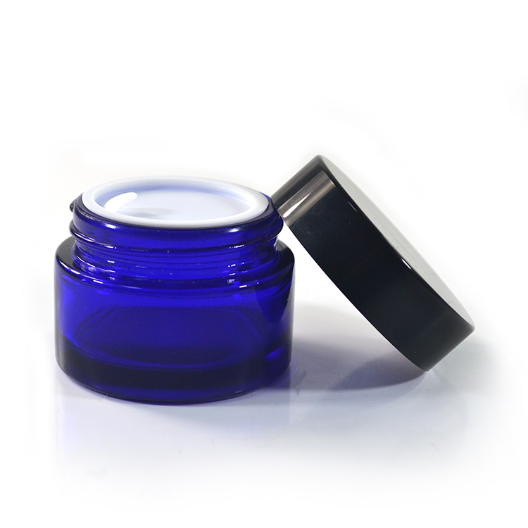 Luxury cosmetic packing15g 30g 50g blue glass cream jar with aluminum cap