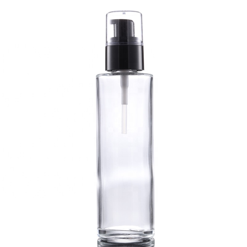 Luxury cosmetic skincare packaging flat shoulder glass bottle 20 ml 30 m 50 ml 100 ml black pump body lotion bottle
