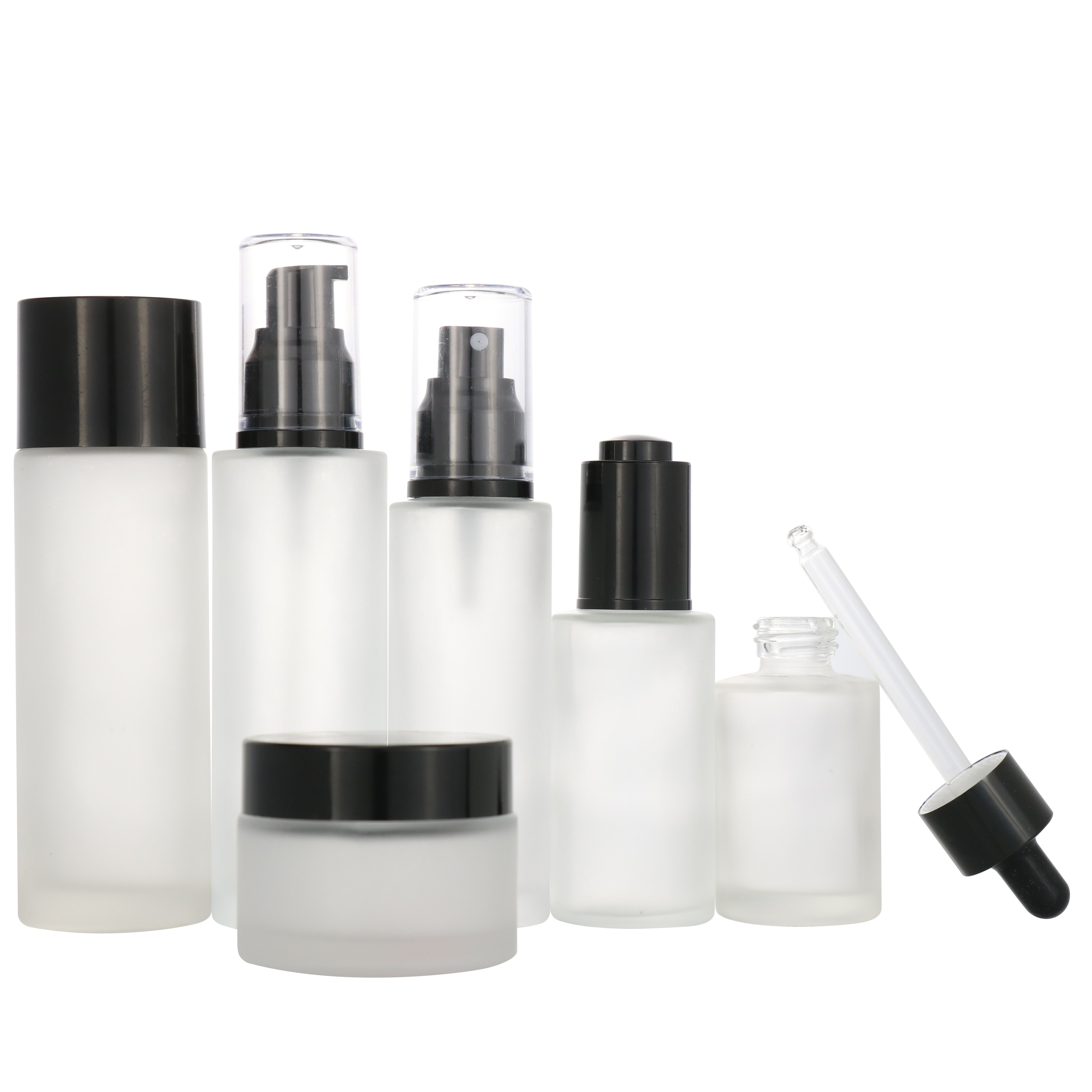 Luxury cosmetic skincare packaging flat shoulder glass bottle 20 ml 30 m 50 ml black pump body lotion bottle