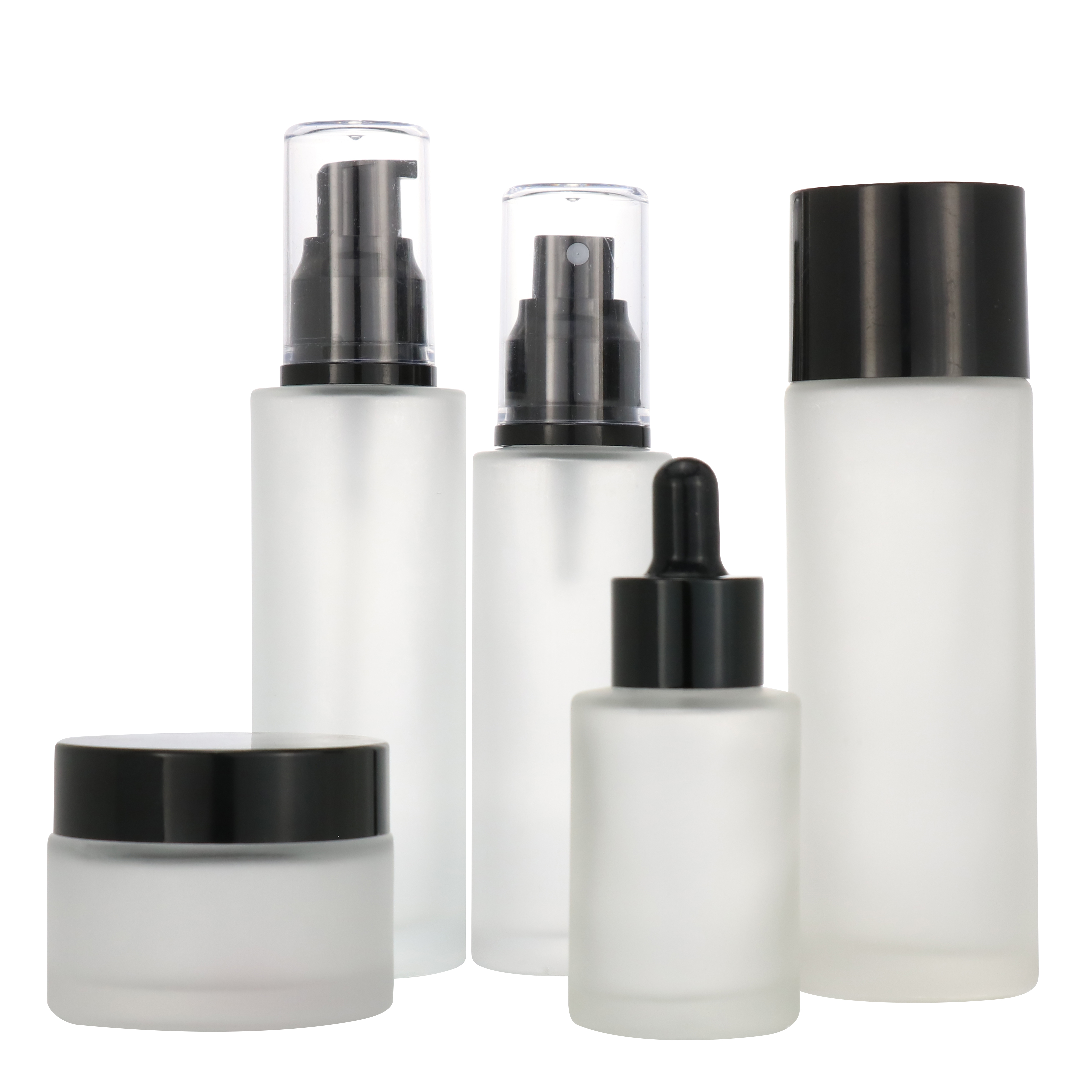 Luxury cosmetic skincare packaging flat shoulder glass bottle 20 ml 30 m 50 ml black pump body lotion bottle