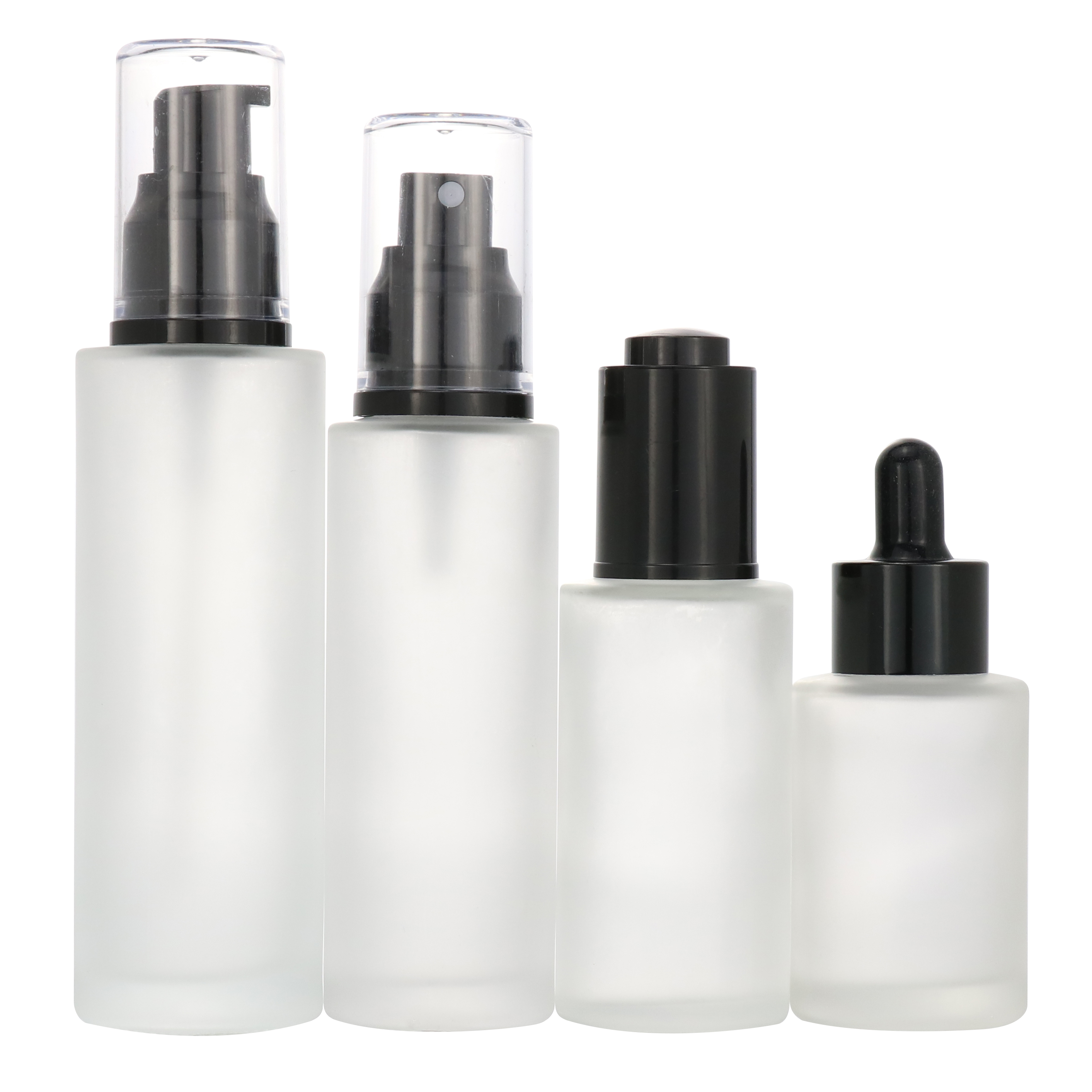 Luxury cosmetic skincare packaging flat shoulder glass bottle 20 ml 30 m 50 ml black pump body lotion bottle