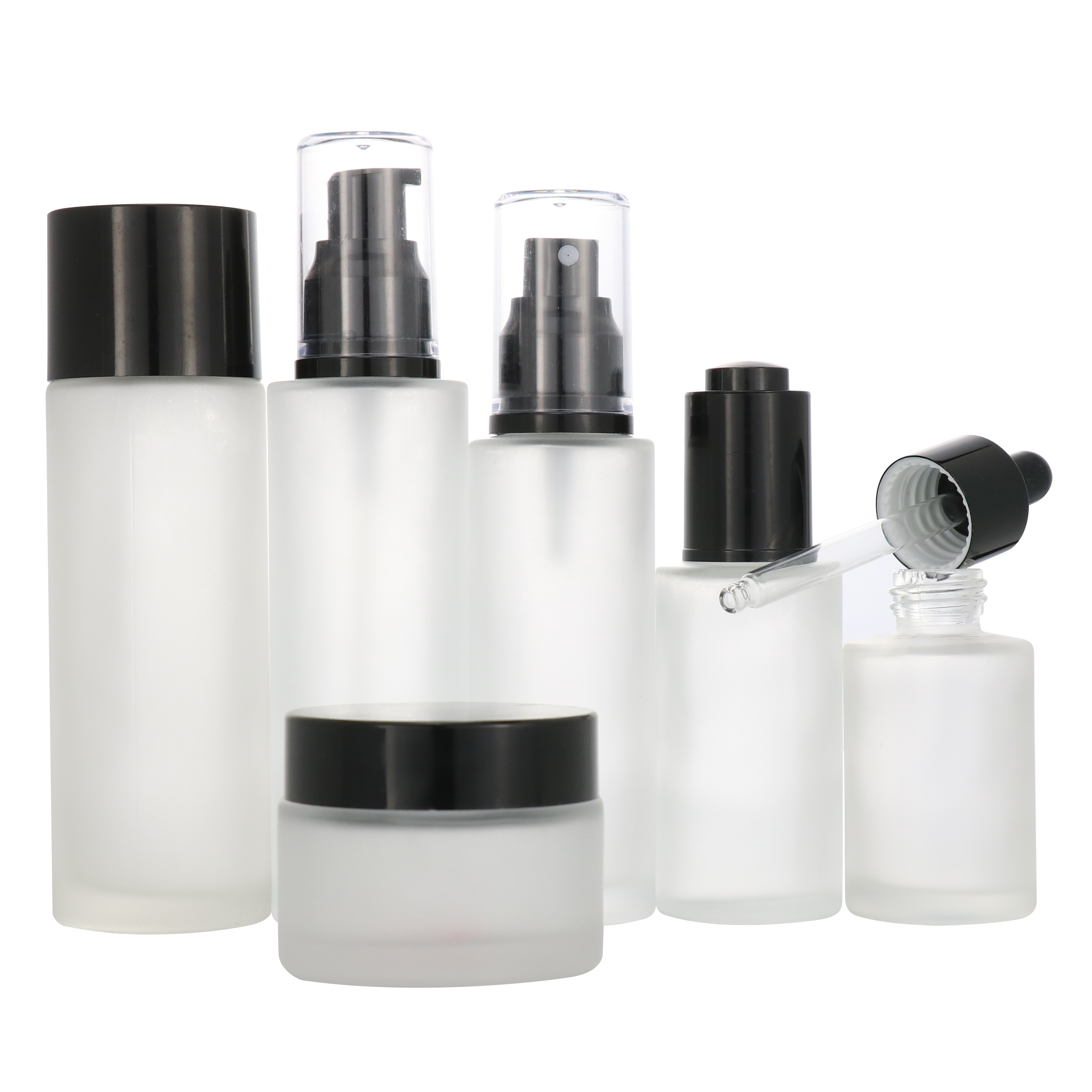 Luxury cosmetic skincare packaging flat shoulder glass bottle 20 ml 30 m 50 ml black pump body lotion bottle