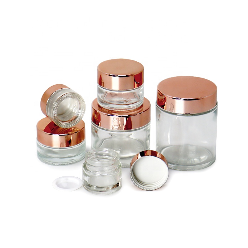 Luxury cream container 10ml 15ml 20ml 30ml 50ml 100ml recycled clear matte glass cosmetic glass jar with rose gold cap