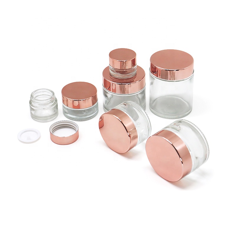 Luxury cream container 10ml 15ml 20ml 30ml 50ml 100ml recycled clear matte glass cosmetic glass jar with rose gold cap