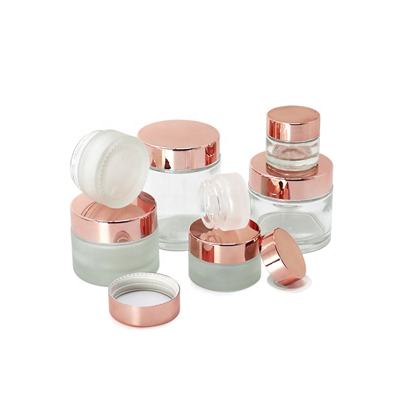 Luxury cream container 10ml 15ml 20ml 30ml 50ml 100ml recycled clear matte glass cosmetic glass jar with rose gold cap