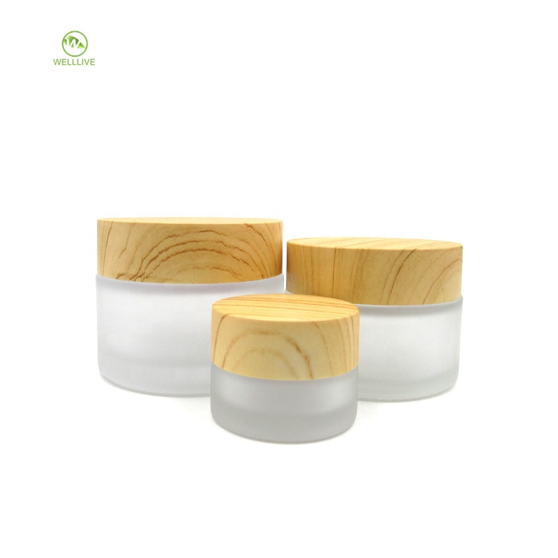 Luxury cream customized frosted 5g 10g 20g 30g 50g 100g white clear glass frost cream jar with wooden lid packaging