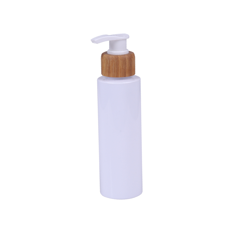 Luxury custom bamboo cosmetic bottle frosted glass lotion pump bottle with bamboo cap