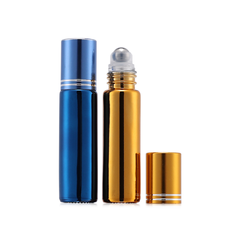 Luxury custom electroplated metal gold round perfume roll on essential oil roller ball glass cosmetic bottle for perfume