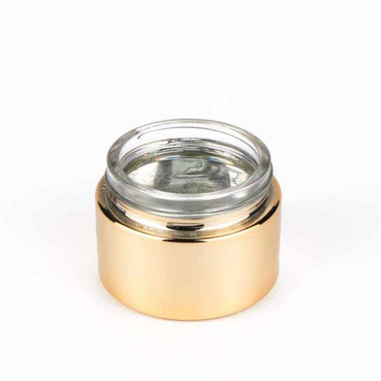 Luxury custom label 20ml 30ml 50ml uv gold silver facial cream glass cosmetic packaging jar with metal lid