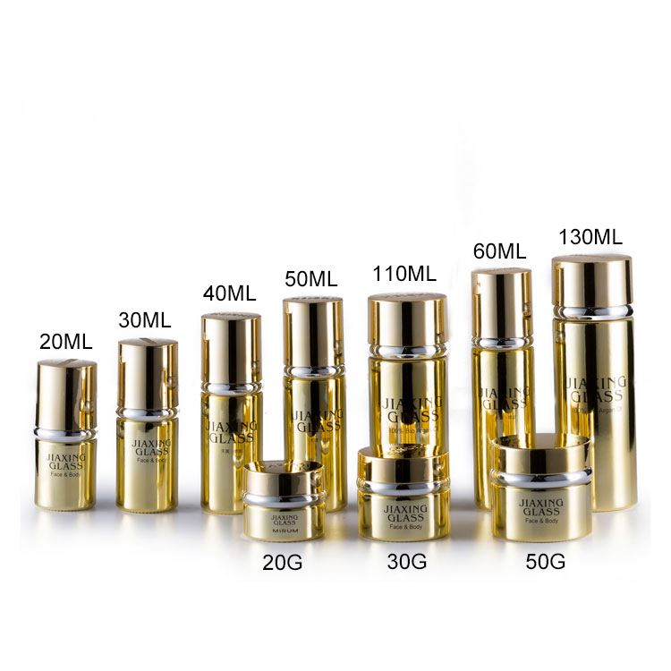 Luxury custom label 20ml 30ml 50ml uv gold silver facial cream glass cosmetic packaging jar with metal lid