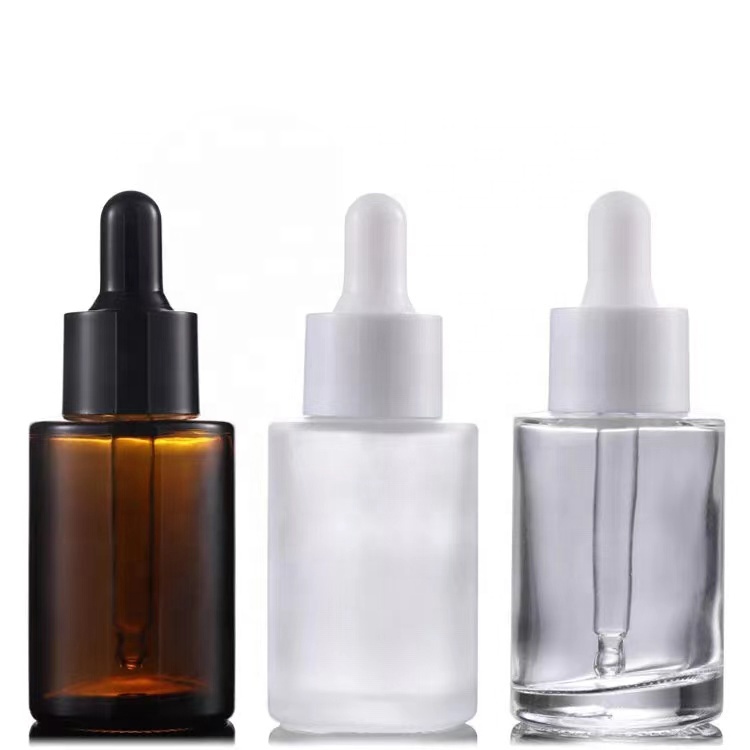 Luxury custom white empty 20ml 30ml 50ml flat shoulder cosmetic eye facial serum oil frosted glass dropper bottle