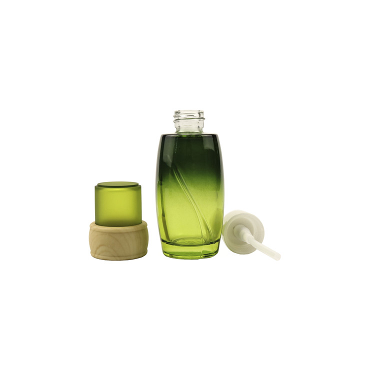 Luxury empty cosmetic glass lotion pump bottle 100g 3.3oz 100ml green gradient serum glass bottle with bamboo pattern pump cap