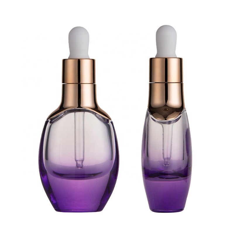 Luxury empty purple orange blue 30ml serum flat bottle with dropper