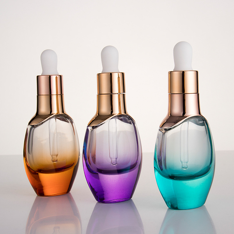 Luxury empty purple orange blue 30ml serum flat bottle with dropper