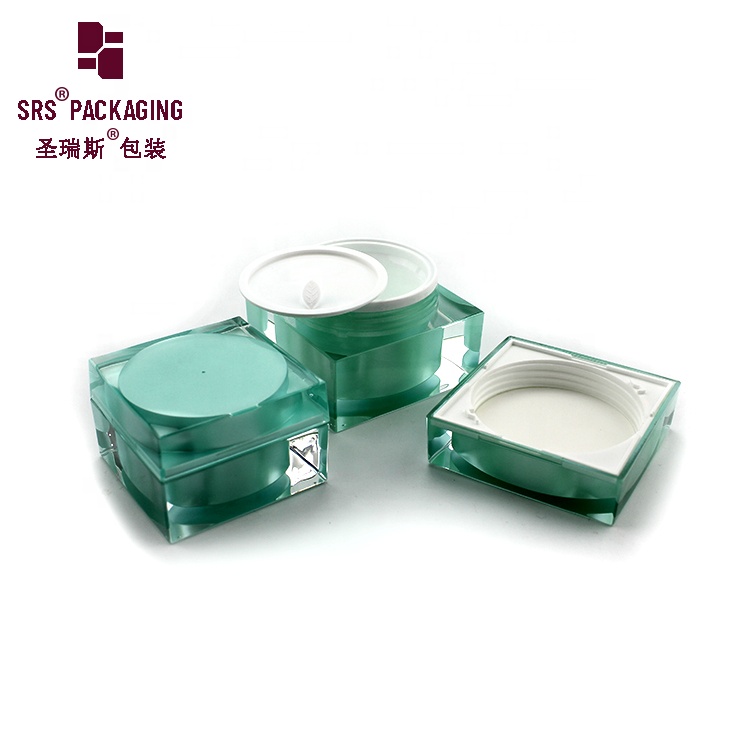 Luxury empty square shape green color 30g 50g 80g cosmetic cream jar acrylic