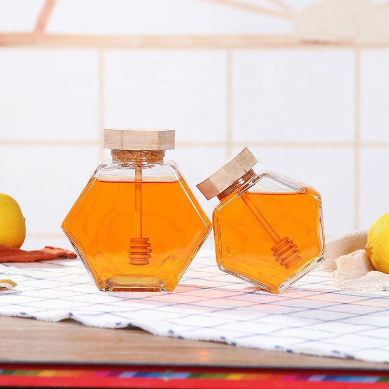 Luxury empty unique 100ml 380ml 500g hexagonal hexagon glass honey jar
