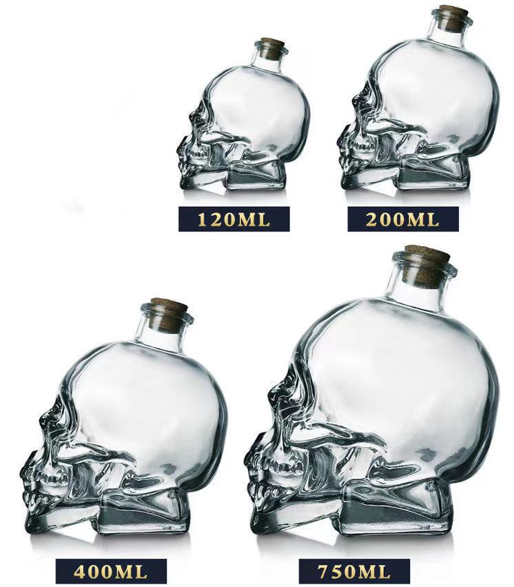 Luxury factory manufacture custom shaped empty 120ml 200ml 450ml 750ml wine glass skull liquer bottle