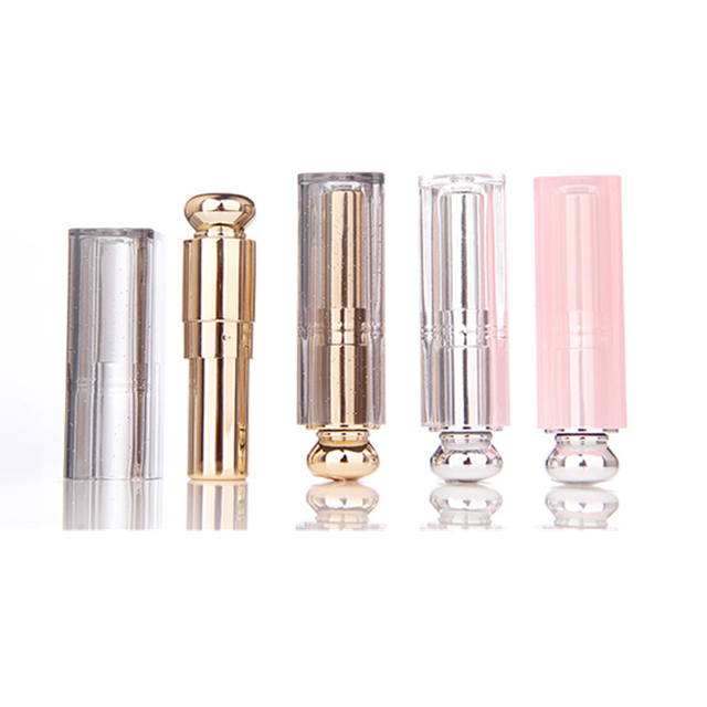 Luxury fancy elegant gold lipstick tube / Plastic round shape pink lip balm container / Empty clear white lip gloss packaging