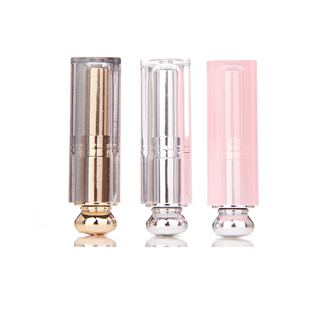 Luxury fancy elegant gold lipstick tube / Plastic round shape pink lip balm container / Empty clear white lip gloss packaging