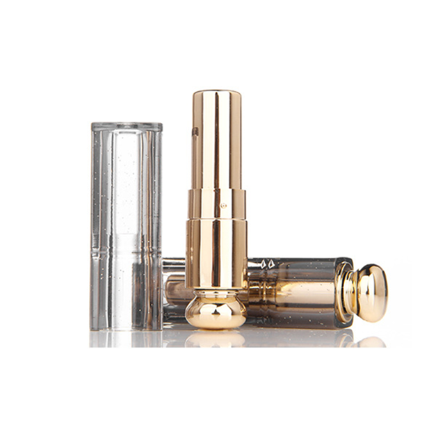 Luxury fancy elegant gold lipstick tube / Plastic round shape pink lip balm container / Empty clear white lip gloss packaging
