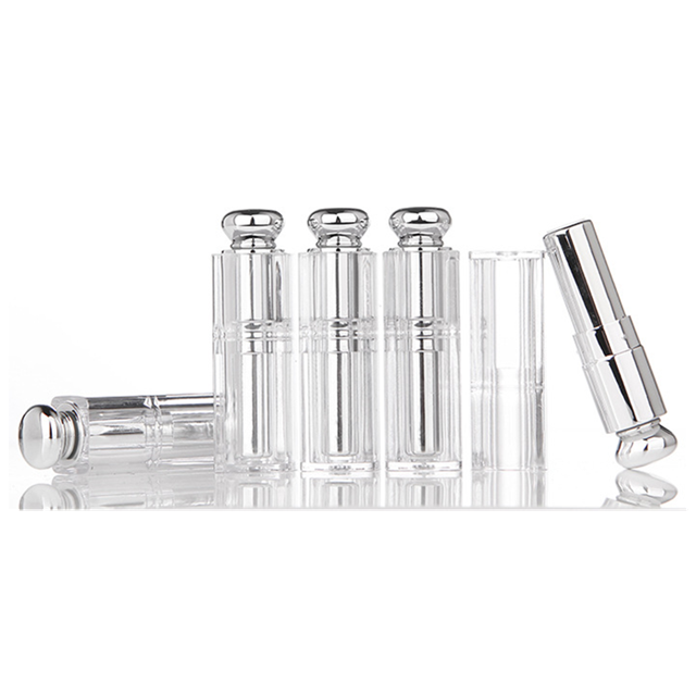 Luxury fancy elegant gold lipstick tube / Plastic round shape pink lip balm container / Empty clear white lip gloss packaging