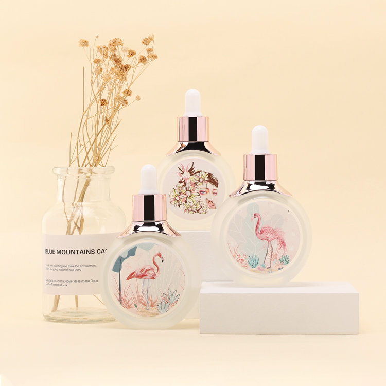 Luxury flat round 30ml 50ml empty face serum glass dropper bottle liquid container with personal care