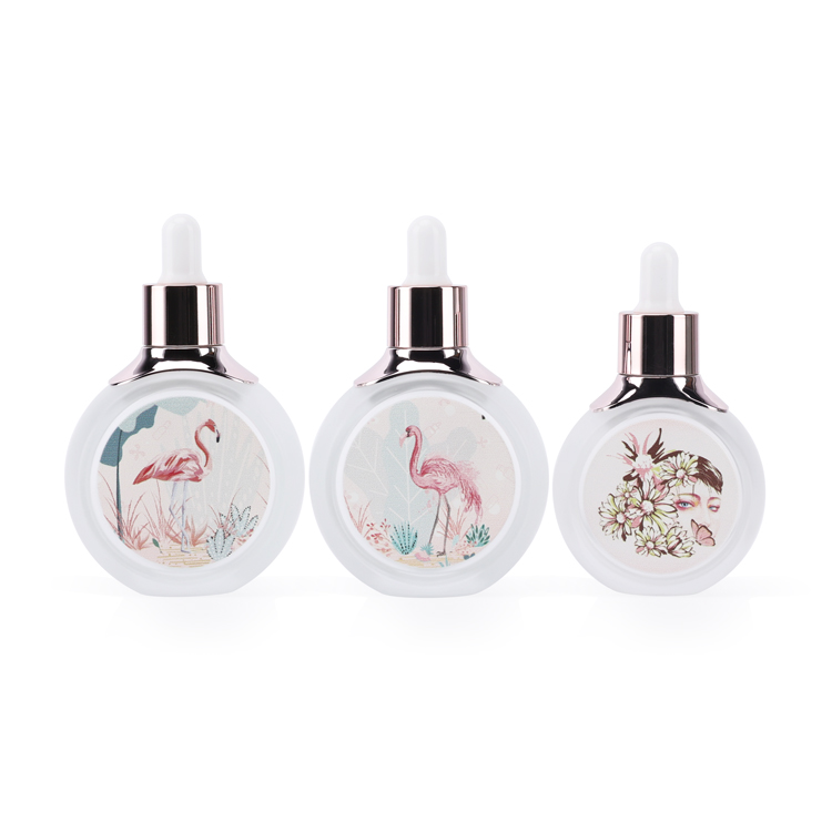 Luxury flat round 30ml 50ml empty face serum glass dropper bottle liquid container with personal care