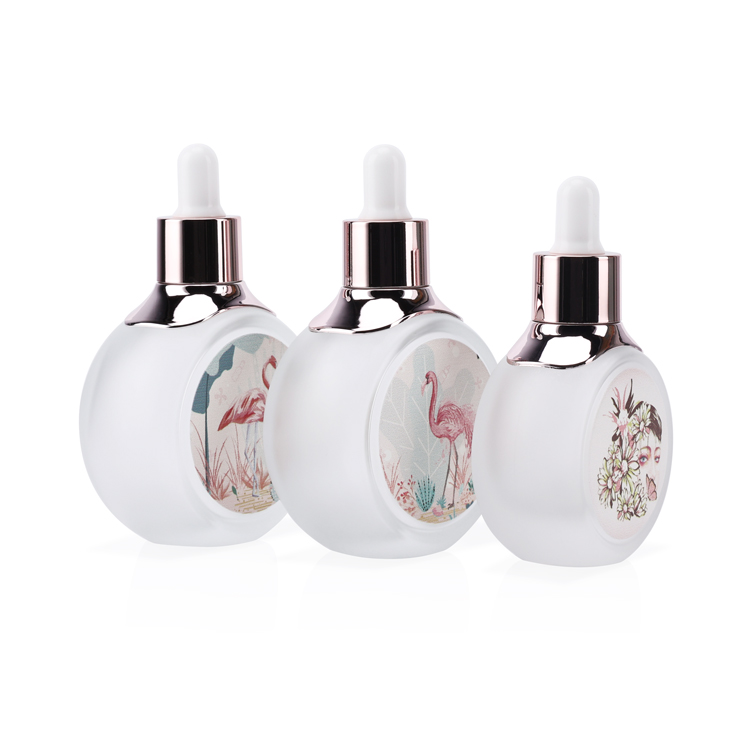Luxury flat round 30ml 50ml empty face serum glass dropper bottle liquid container with personal care
