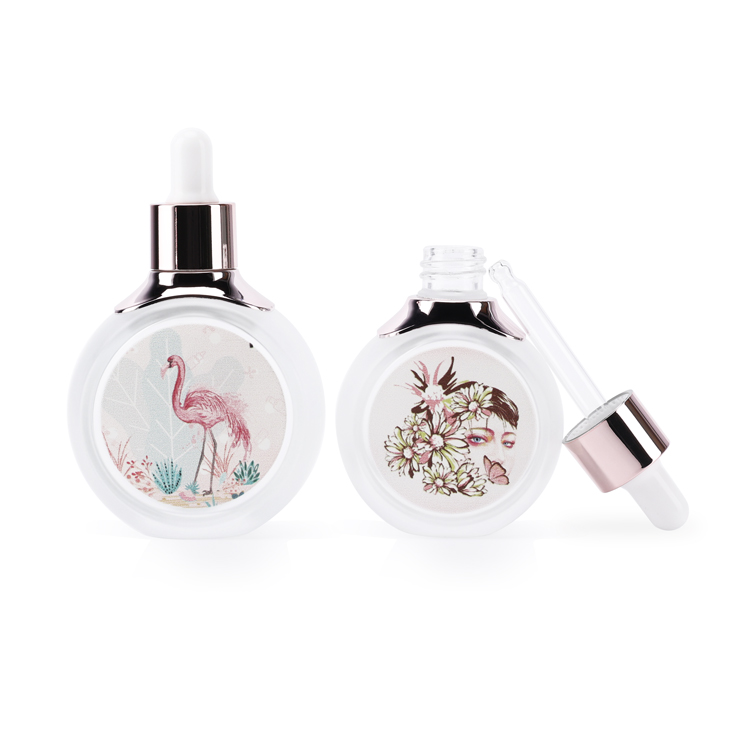 Luxury flat round 30ml 50ml empty face serum glass dropper bottle liquid container with personal care