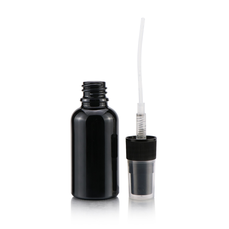 Luxury glass 10 20 30 50 100ml essential oil round matte black cosmetic oil serum spray bottle with pump sprayer