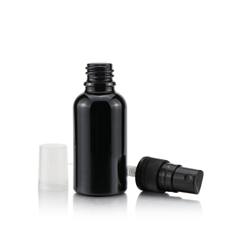 Luxury glass 10 20 30 50 100ml essential oil round matte black cosmetic oil serum spray bottle with pump sprayer