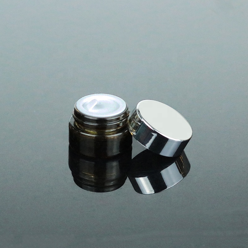 Luxury glass cosmetic jar 5 ml amber cream container with UV silver lid (GJM11)