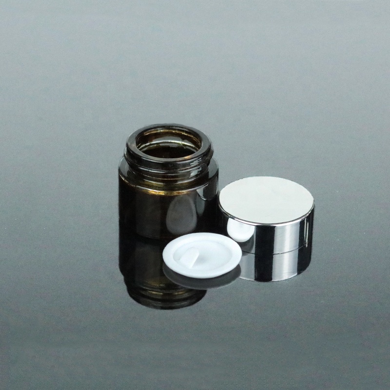 Luxury glass cosmetic jar 5 ml amber cream container with UV silver lid (GJM11)