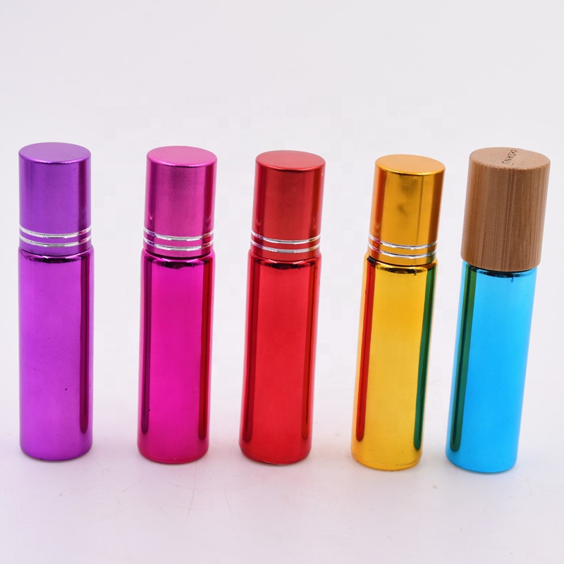 Luxury gold yellow electroplating 10ml roll on glass bottle essential oil perfume container jar with stainless steel roller lid
