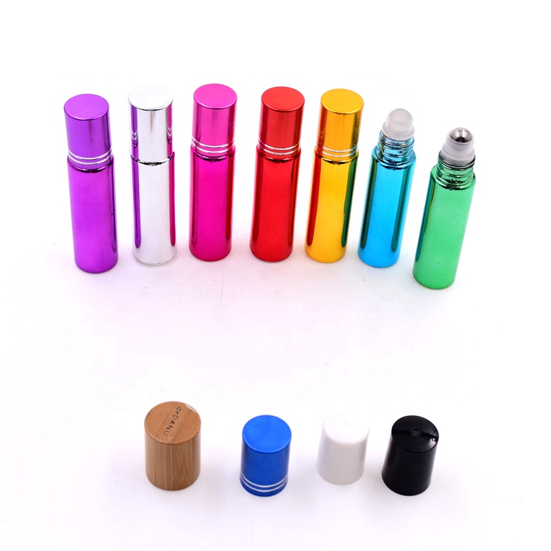 Luxury gold yellow electroplating 10ml roll on glass bottle essential oil perfume container jar with stainless steel roller lid