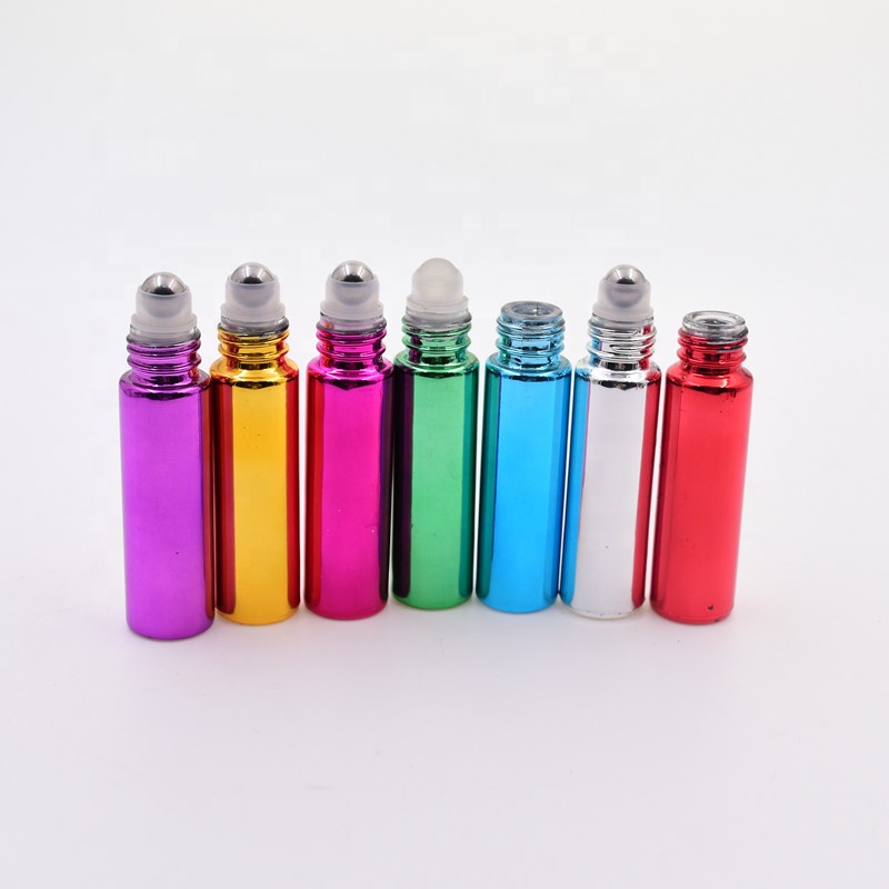 Luxury gold yellow electroplating 10ml roll on glass bottle essential oil perfume container jar with stainless steel roller lid