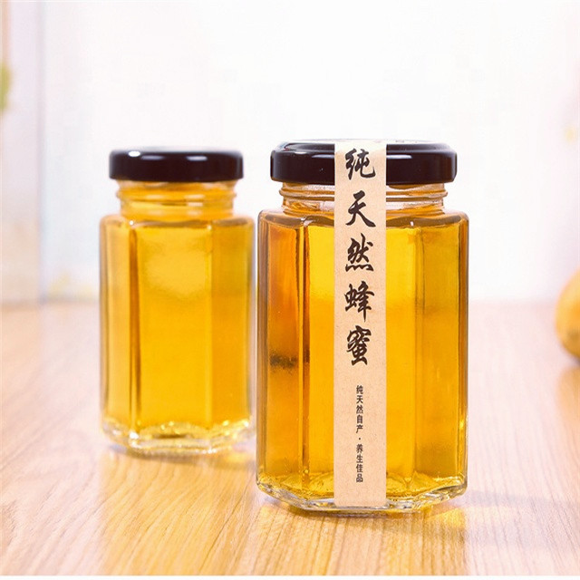 Luxury hexagonal glass honey bottles honey jar bottle for food