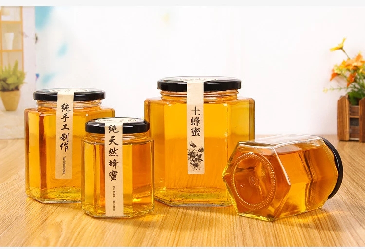 Luxury hexagonal glass honey bottles honey jar bottle for food