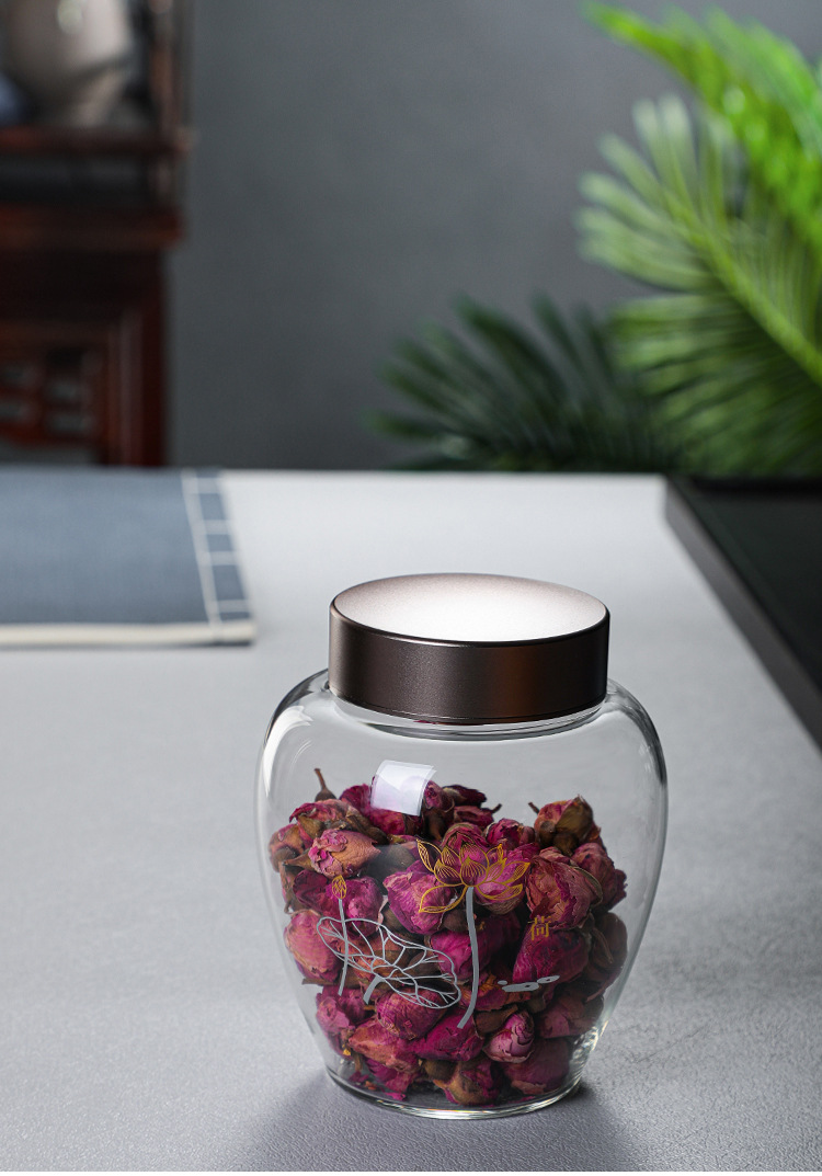 Luxury high borosilicate glass storage tank with spiral frosted stainless steel cover