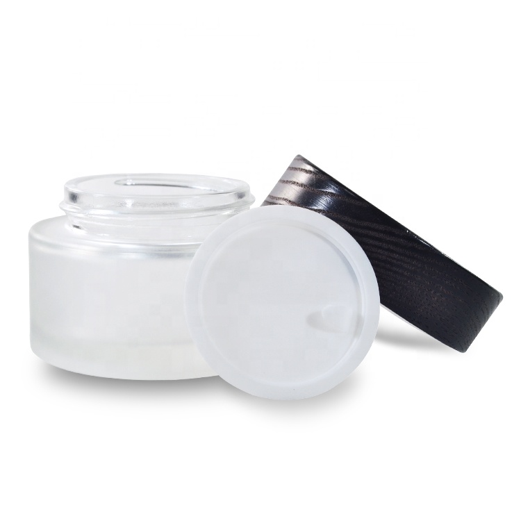 Luxury high quality frosted glass jar with brown bamboo wooden lid 30g 50g cosmetic packaging bamboo  cream jar
