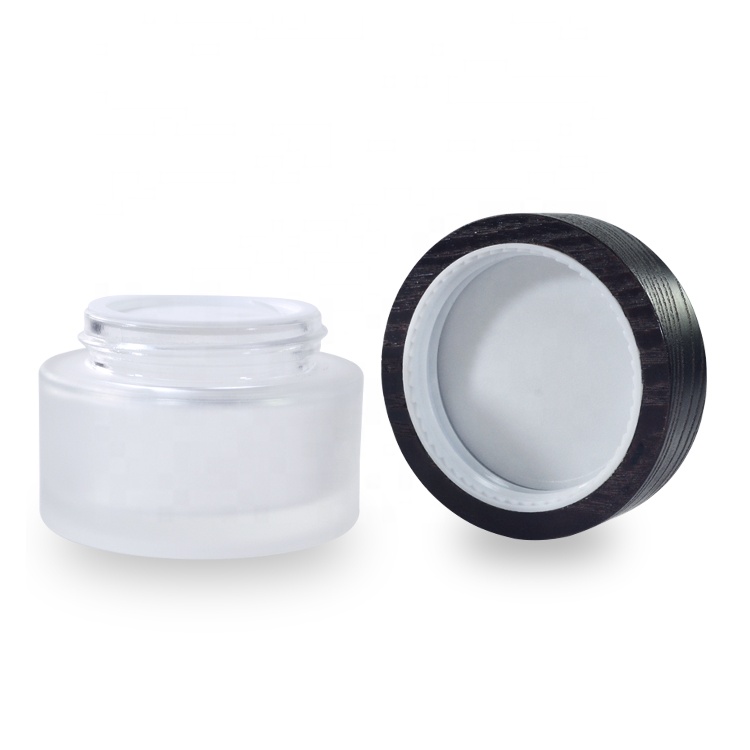 Luxury high quality frosted glass jar with brown bamboo wooden lid 30g 50g cosmetic packaging bamboo cream jar