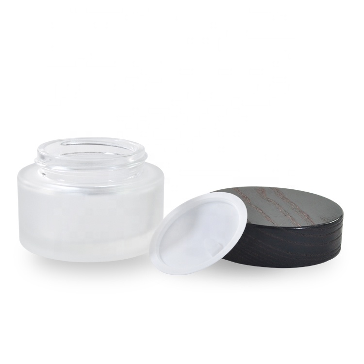 Luxury high quality frosted glass jar with brown bamboo wooden lid 30g 50g cosmetic packaging bamboo cream jar