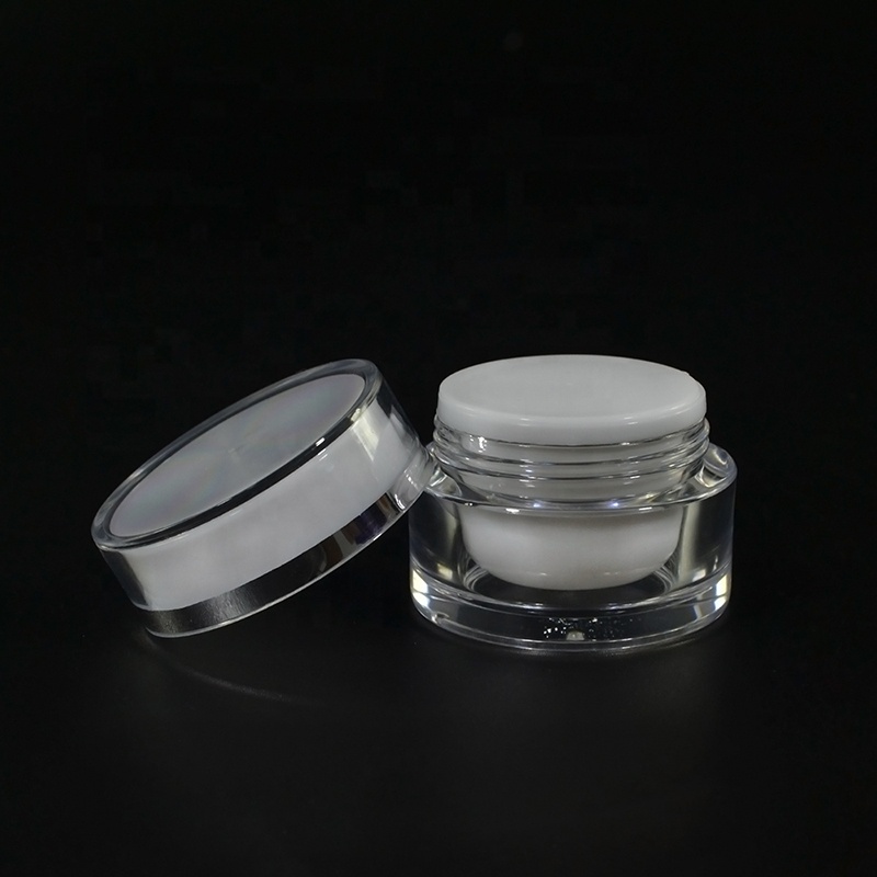 Luxury hot sale product 5g 10g 15g 30g 50g white liner round shape white jar acrylic cream jar with screw cap silver edge