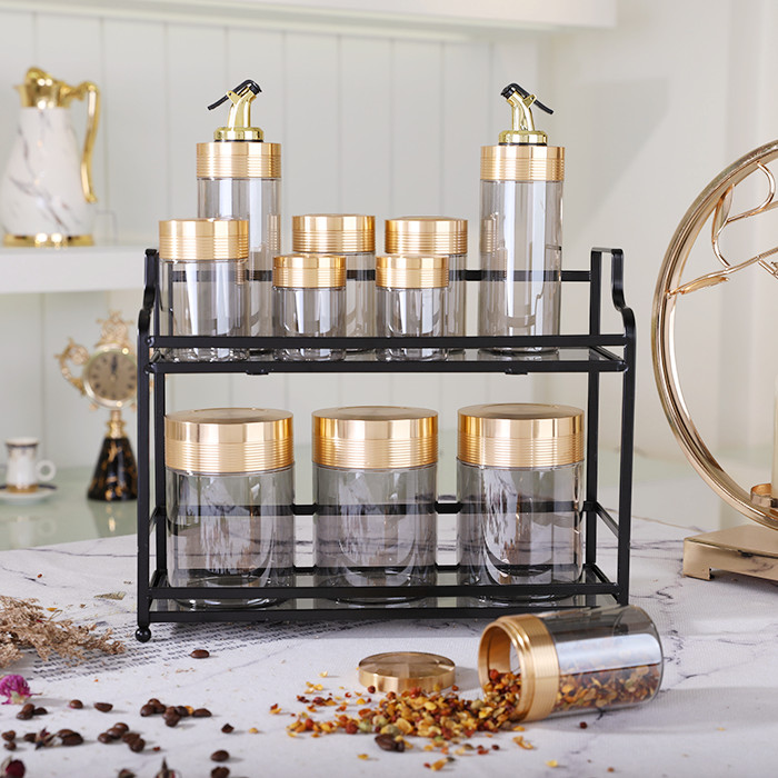 Luxury kitchen decorate candy food storage canister glass jars and containers wholesale glass jar with metal stand