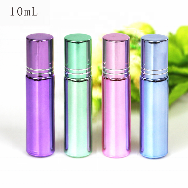 Luxury light colorful electroplate Tincture Bottle 10ml essential oil perfume glass bottle stainless steel roller aluminum cap