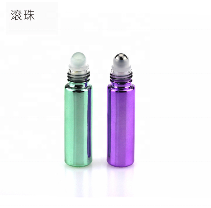 Luxury light colorful electroplate Tincture Bottle 10ml essential oil perfume glass bottle stainless steel roller aluminum cap